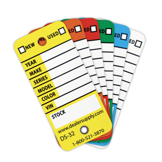 Yellow, Orange, Red, Green, Blue, and White Waterproof Rigid Vinyl Key Tag Group