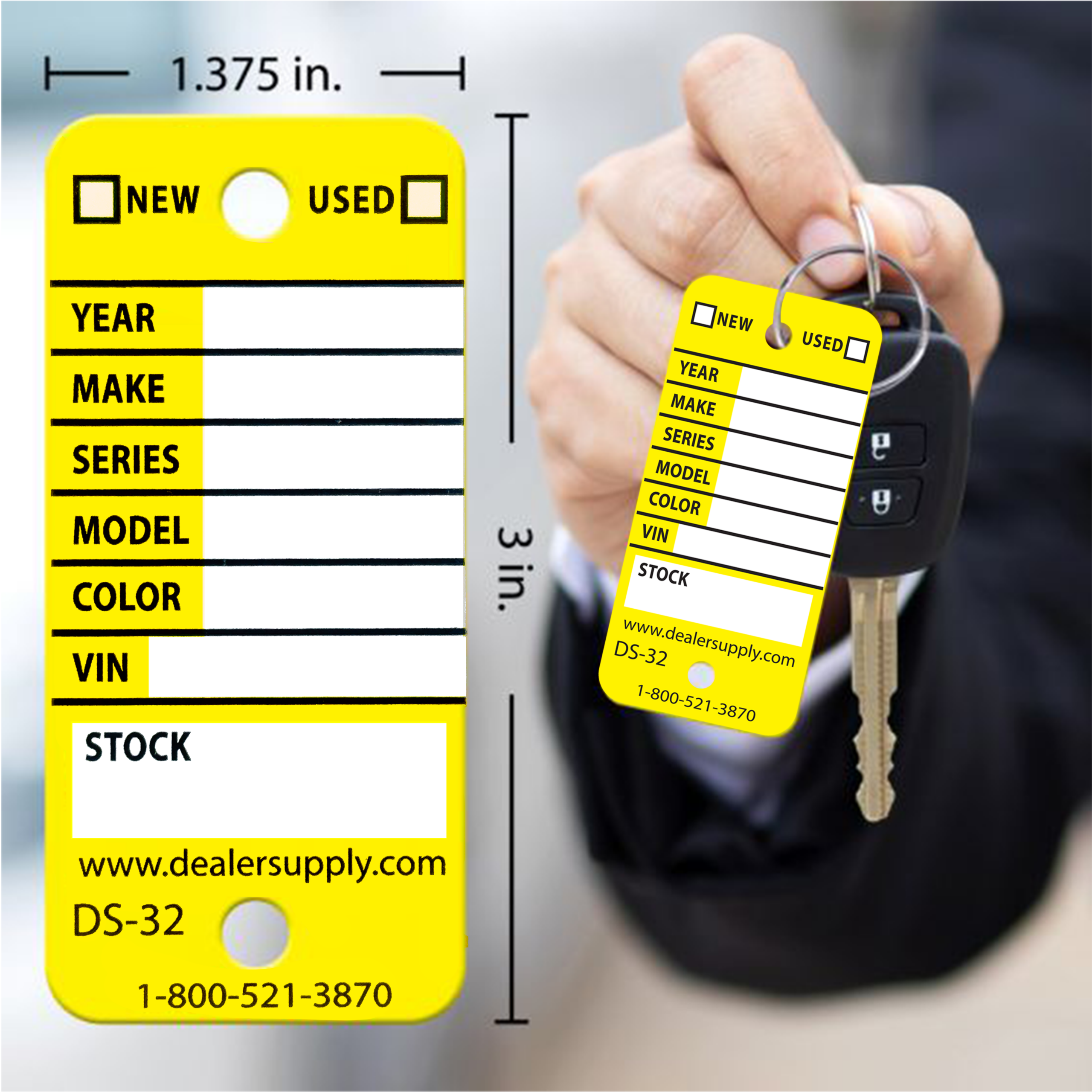 Yellow Waterproof Rigid Vinyl Key Tag on Car Dealership Key Fob with size