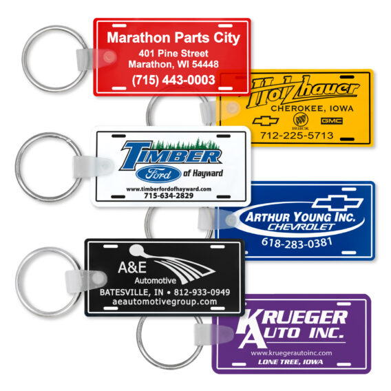 Memorable soft touch license plate key fobs in various colors.